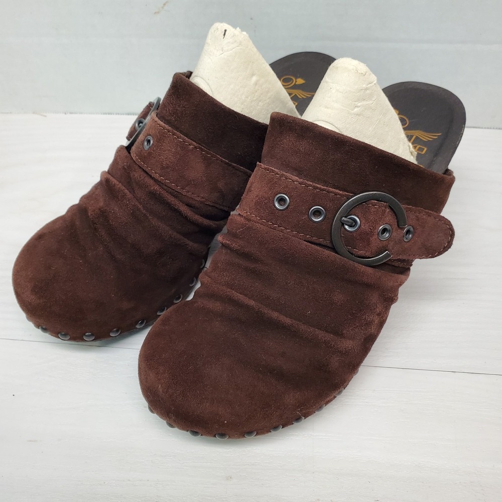Dansko Nadine Brown Suede Leather Studded Buckle Clogs Size US 7/ EU 37 Comfort